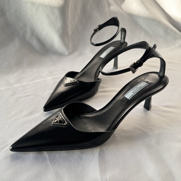 Prada Shoes - Prada Slingback Stiletto Ankle Strap Logo Accent Black Pointed Toe Leather 37.5